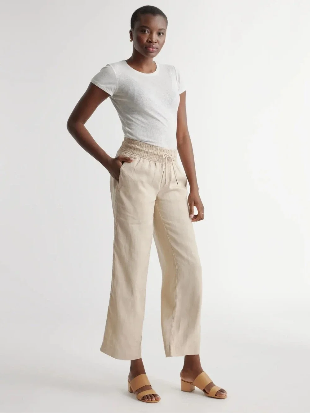 Quince 100% european linen wide leg relaxed pants in driftwood, cream tan, small